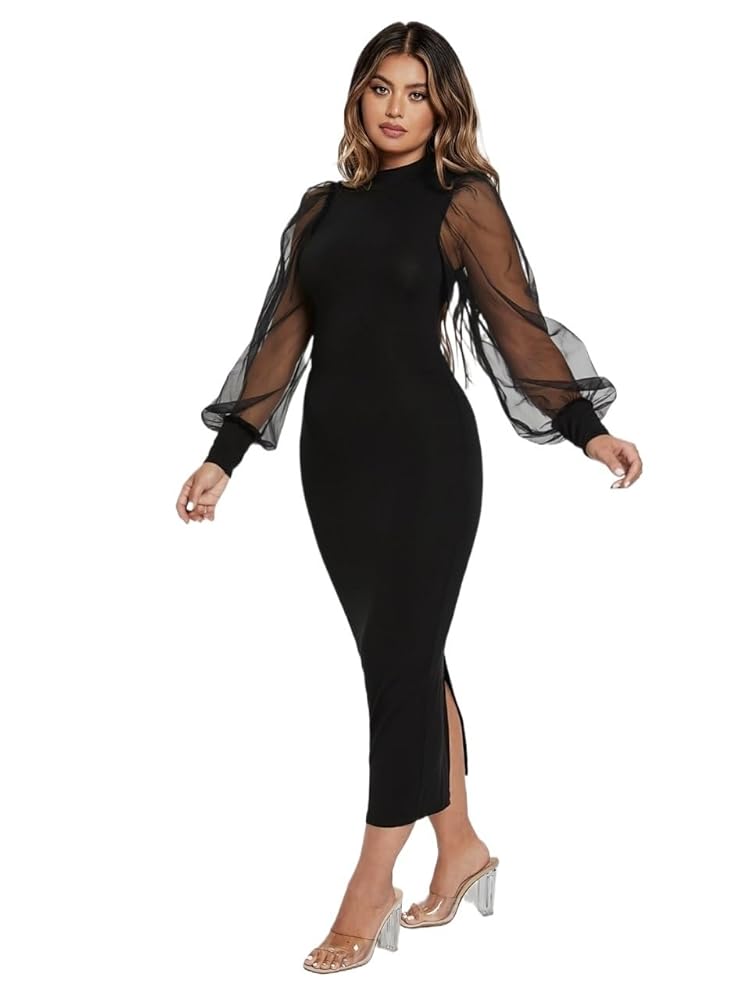 Mesh Lantern Long Sleeve Dress グレー Women's Dress Long Sleeve Lantern Sleeve Mesh Dress With(X